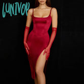 Lunivop Summer Bodycon Satin Red Birthday Party Dresses Sexy Spaghetti Strap Midi Dress Elegant